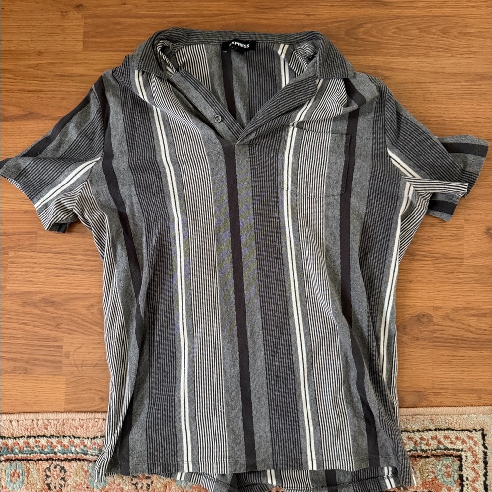 Express Black and Gray Striped Polo Shirt